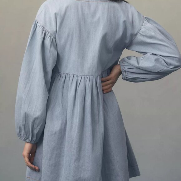 Anthropologie Long-Sleeve Square-Neck Denim Babydoll Mini Dress - Picture 3 of 3